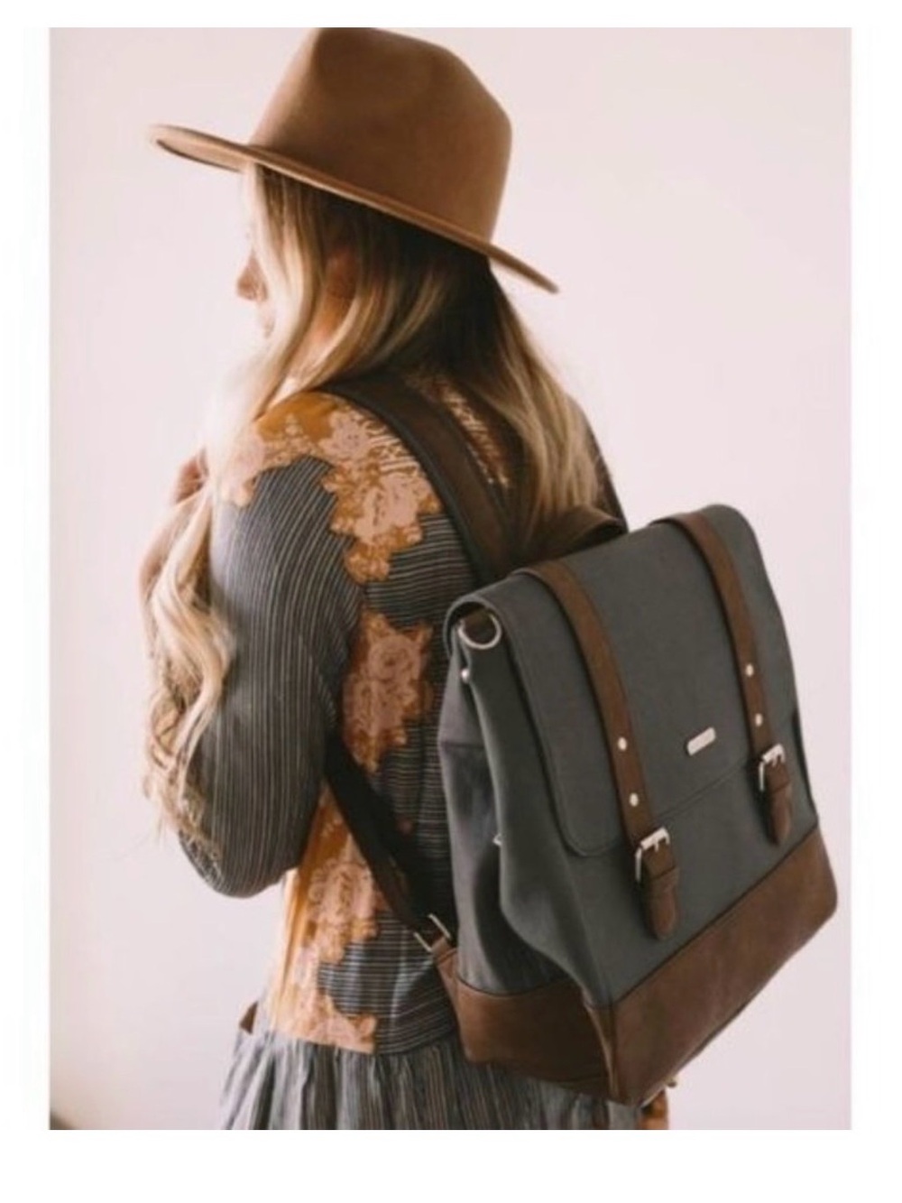 Gray Canvas Baby Backpack with Brown Leather Trim